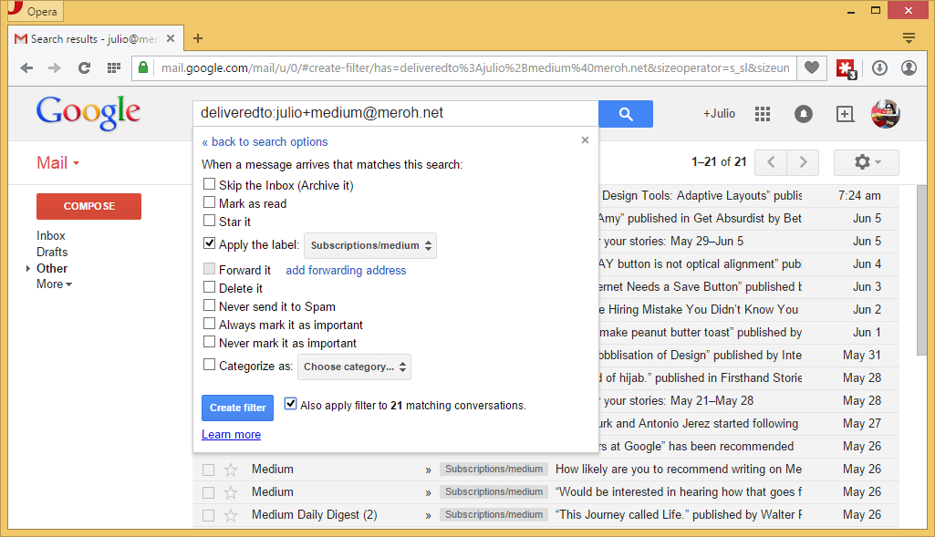 Defining a deliveredto: based filter in GMail